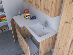 Meuble buanderie BONK 140x51/63 cm 2 portes et tiroir avec lavabo en solid surface droite - Chêne à nœuds