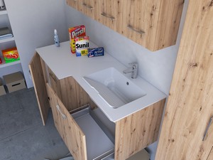 Meuble buanderie BONK 140x51/63 cm 2 portes et tiroir avec lavabo en solid surface droite - Chêne à nœuds