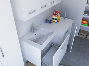 Meuble buanderie BONK 140x51/63 cm 2 portes et tiroir avec lavabo en solid surface gauche - Blanc brillant
