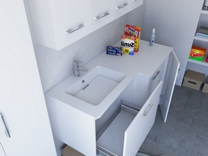 Meuble buanderie BONK 140x51/63 cm 2 portes et tiroir avec lavabo en solid surface gauche - Blanc brillant