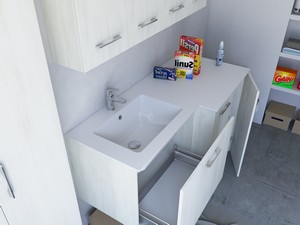 Meuble buanderie BONK 140x51/63 cm 2 portes et tiroir avec lavabo en solid surface gauche - Blanc Matrix