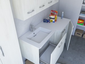 Meuble buanderie BONK 140x51/63 cm 2 portes et tiroir avec lavabo en solid surface gauche - Blanc Matrix