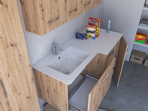 Meuble buanderie BONK 140x51/63 cm 2 portes et tiroir avec lavabo en solid surface gauche - Chêne à nœuds