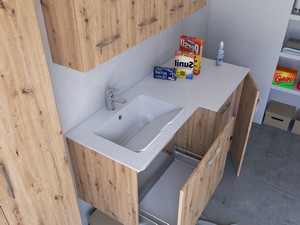 Meuble buanderie BONK 140x51/63 cm 2 portes et tiroir avec lavabo en solid surface gauche - Chêne à nœuds