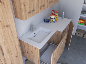 Meuble buanderie BONK 140x51/63 cm 2 portes et tiroir avec lavabo en solid surface gauche - Chêne à nœuds
