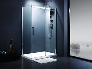 Cabine de douche d'angle Oxo2 70x140 h200 porte coulissante ouverture à droite et paroi latérale verre transparent 8 mm chrome