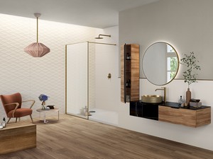 Meuble salle de bains CLASS GRES 140cm 1 tiroir grès marbre Sahara noir 1 tir. noyer Belgravia plan grès Sahara noir brillant