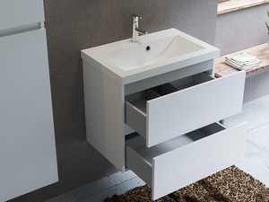 Meuble salle de bains COMPACT-39 L60 cm 2 tiroirs blanc brillant et lavabo Unitop en marbre minéral blanc brillant