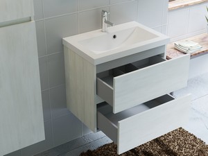 Meuble salle de bains COMPACT-39 L60 cm 2 tiroirs mélèze blanc et lavabo Unitop en marbre minéral blanc brillant