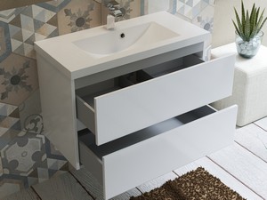Meuble salle de bains COMPACT-39 L80 cm 2 tiroirs blanc brillant et lavabo Unitop en marbre minéral blanc brillant