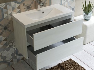 Platzsparendes Badmöbel COMPACT-39 L80 cm 2 Schubladen Lärche weiß und Unitop-Waschbecken aus Mineralmarmor Weiß glänzend