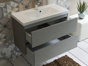 Meuble salle de bains COMPACT-39 L80 cm 2 tiroirs mélèze gris et lavabo Unitop en marbre minéral blanc brillant