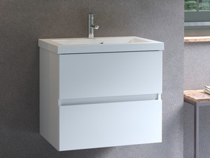 Platzsparendes Badmöbel COMPACT-39 L60 cm 2 Schubladen Weiß Glänzend und Unitop-Waschbecken aus glänzender weißer Keramik