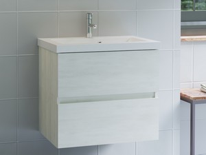 Platzsparendes Badmöbel COMPACT-39 cm 2 Schubladen Lärche weiß und Unitop-Waschbecken aus Mineralmarmor Weiß glänzend