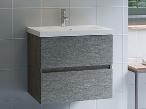 Meuble salle de bains COMPACT-39 L60 cm 2 tiroirs mélèze gris et lavabo Unitop en marbre minéral blanc brillant