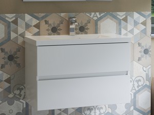 Platzsparendes Badmöbel COMPACT-39 L80 cm 2 Schubladen Weiß Glänzend und Unitop-Waschbecken aus glänzender weißer Keramik