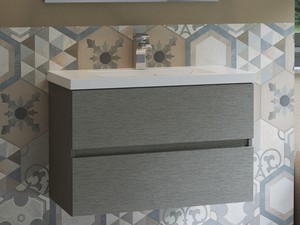 Meuble salle de bains COMPACT-39 L80 cm 2 tiroirs mélèze gris et lavabo Unitop en marbre minéral blanc brillant