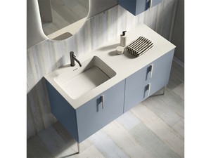 DESK 130 cm Matte Avio Blue Laundry Cabinet, Matt White Handles and Feet, OKRY Left Sink