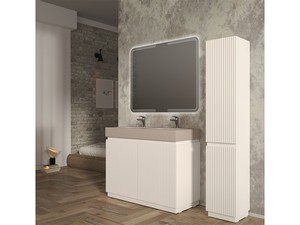 Meuble salle de bains FARO 120 cm à poser cannelé blanc mat et lavabo Unitop en HPL quartzite clair