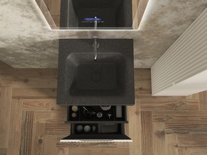 Meuble salle de bains FARO à poser 50 cm cannelé blanc mat et lavabo Unitop en HPL Quartzite foncé