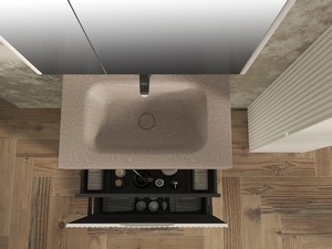 Meuble salle de bains FARO à poser 70 cm cannelé blanc mat et lavabo Unitop en HPL quartzite clair