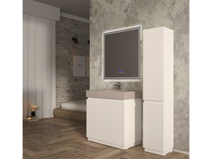 Meuble salle de bains FARO 90 cm à poser cannelé blanc mat et lavabo Unitop en HPL quartzite clair