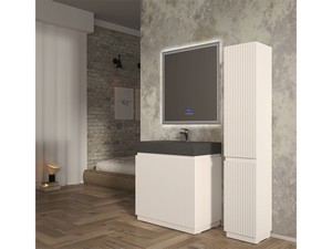 Meuble salle de bains FARO 90 cm à poser cannelé blanc mat et lavabo Unitop en HPL quartzite foncé
