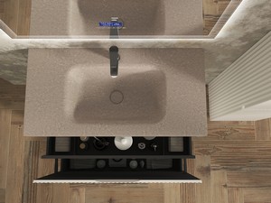 Meuble salle de bains FARO 90 cm à poser cannelé blanc mat et lavabo Unitop en HPL quartzite clair