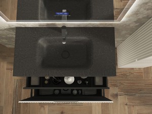 Meuble salle de bains FARO 90 cm à poser cannelé blanc mat et lavabo Unitop en HPL quartzite foncé