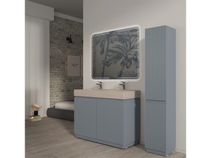 Meuble salle de bains FARO 120 cm à poser cannelé bleu mat et lavabo Unitop en HPL quartzite clair
