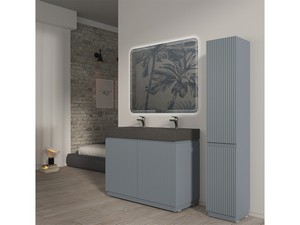 Meuble salle de bains FARO 120 cm à poser cannelé bleu mat et lavabo Unitop en HPL quartzite foncé