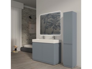 Meuble salle de bains FARO 120 cm à poser cannelé bleu mat et lavabo Unitop en résine blanc mat