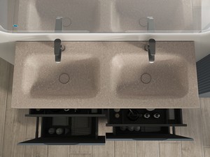 Meuble salle de bains FARO 120 cm à poser cannelé bleu mat et lavabo Unitop en HPL quartzite clair