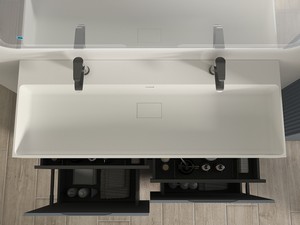 Meuble salle de bains FARO 120 cm à poser cannelé bleu mat et lavabo Unitop en résine blanc mat