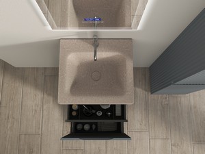 Meuble salle de bains FARO à poser 50 cm cannelé bleu mat et lavabo Unitop en HPL Quartzite clair