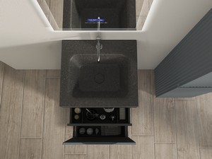 Meuble salle de bains FARO à poser 50 cm cannelé bleu mat et lavabo Unitop en HPL Quartzite foncé