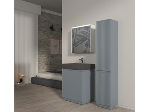 Meuble salle de bains FARO à poser 70 cm cannelé bleu mat et lavabo Unitop en HPL quartzite foncé