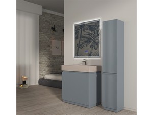 Meuble salle de bains FARO 90 cm à poser cannelé bleu mat et lavabo Unitop en HPL quartzite clair