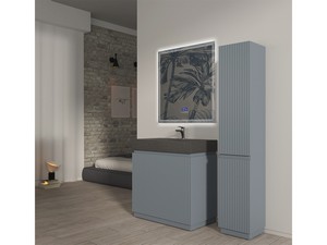 Meuble salle de bains FARO 90 cm à poser cannelé bleu mat et lavabo Unitop en HPL quartzite foncé