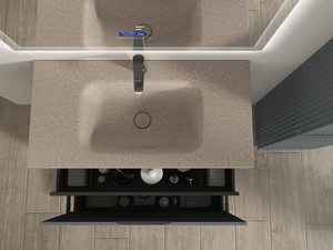 Meuble salle de bains FARO 90 cm à poser cannelé bleu mat et lavabo Unitop en HPL quartzite clair
