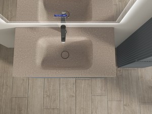 Meuble salle de bains FARO 90 cm à poser cannelé bleu mat et lavabo Unitop en HPL quartzite clair