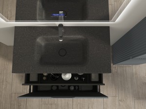 Meuble salle de bains FARO 90 cm à poser cannelé bleu mat et lavabo Unitop en HPL quartzite foncé