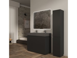 Meuble salle de bains FARO 120 cm à poser cannelé noir mat et lavabo Unitop en HPL quartzite foncé