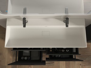 Meuble salle de bains FARO 120 cm à poser cannelé noir mat et lavabo Unitop en résine blanc mat