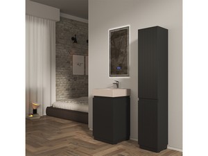 Meuble salle de bains FARO à poser 50 cm cannelé noir mat et lavabo Unitop en HPL Quartzite clair