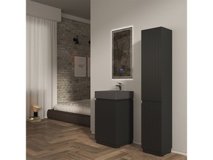 Meuble salle de bains FARO à poser 50 cm cannelé noir mat et lavabo Unitop en HPL Quartzite foncé