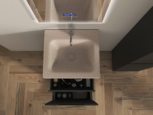 Meuble salle de bains FARO à poser 50 cm cannelé noir mat et lavabo Unitop en HPL Quartzite clair