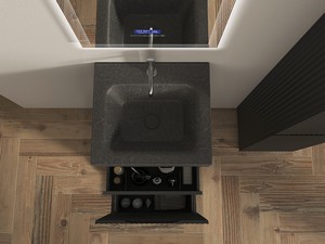 Meuble salle de bains FARO à poser 50 cm cannelé noir mat et lavabo Unitop en HPL Quartzite foncé
