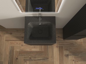 Meuble salle de bains FARO à poser 50 cm cannelé noir mat et lavabo Unitop en HPL Quartzite foncé