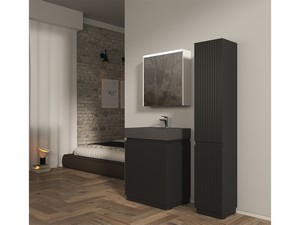 Meuble salle de bains FARO à poser 70 cm cannelé noir mat et lavabo Unitop en HPL quartzite foncé